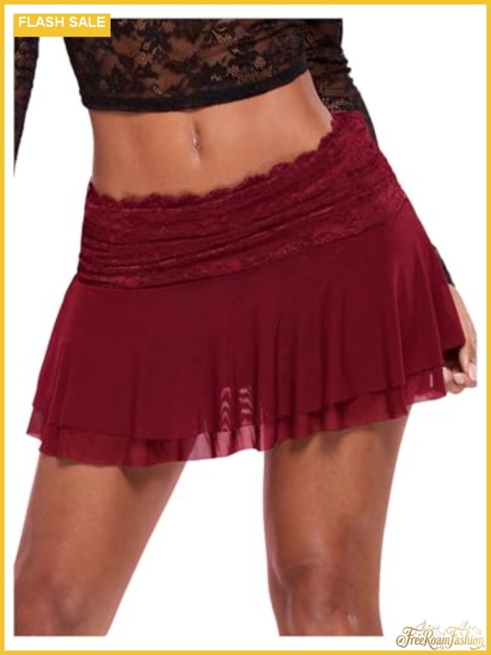 Women's Lace Mesh Y2K Layered Ruched Ruffle Low Waist Mini Skirt Skort - Picture 1 of 4